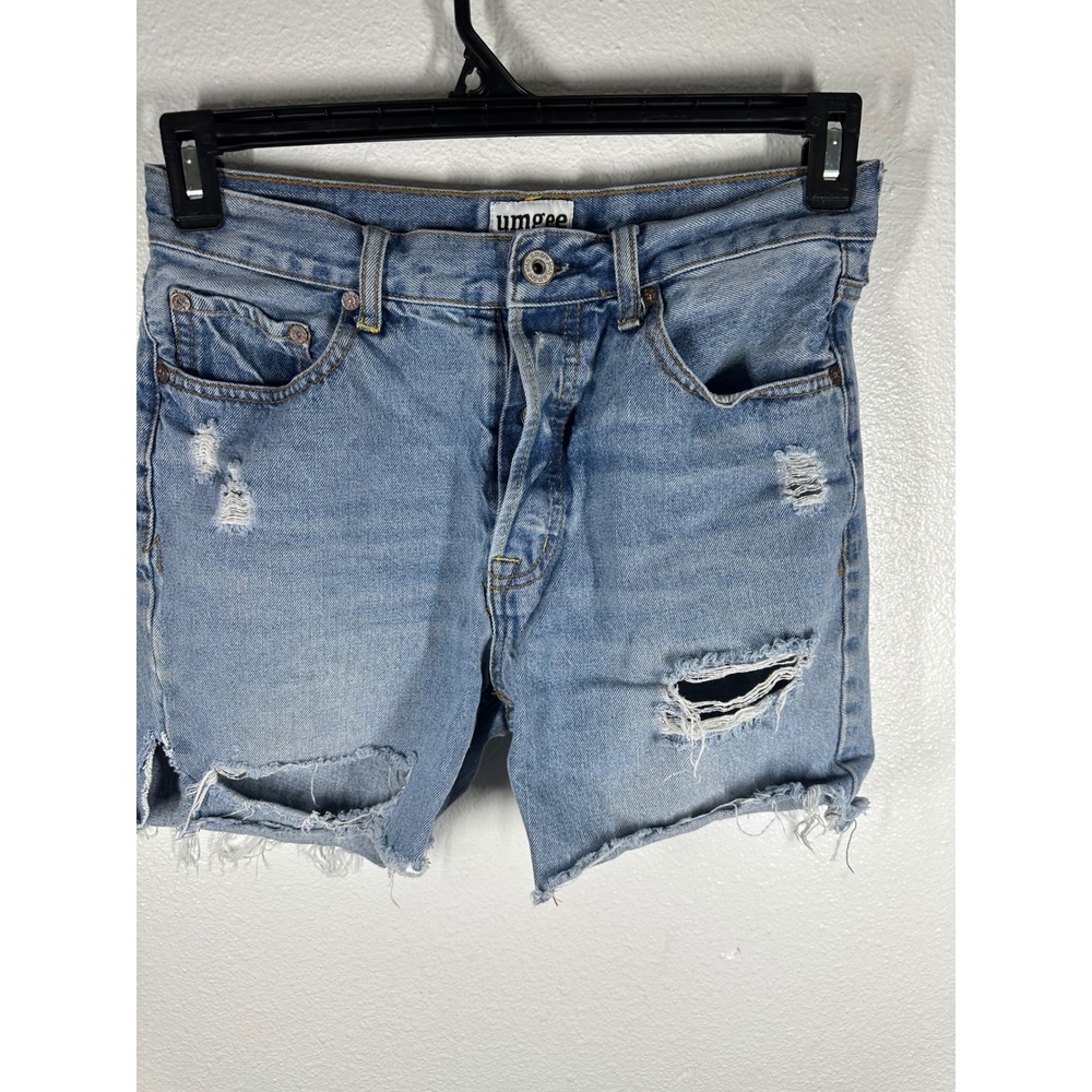 Umgee‎ Shorts Womens 27 Blue Denim Distressed Raw Hem Button Fly Cut Offs